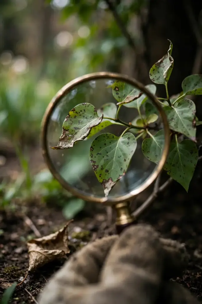 Magnifying glass over a lilac leaf with brown edge-first spots from leaf spot.