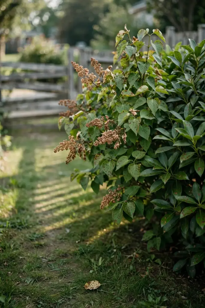 Lilac shrub beside a mountain laurel shrub, both with spotted leaves.