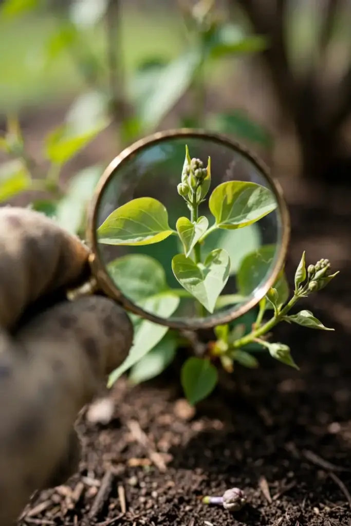Magnifying glass inspecting clean new lilac leaves and firm buds in spring.