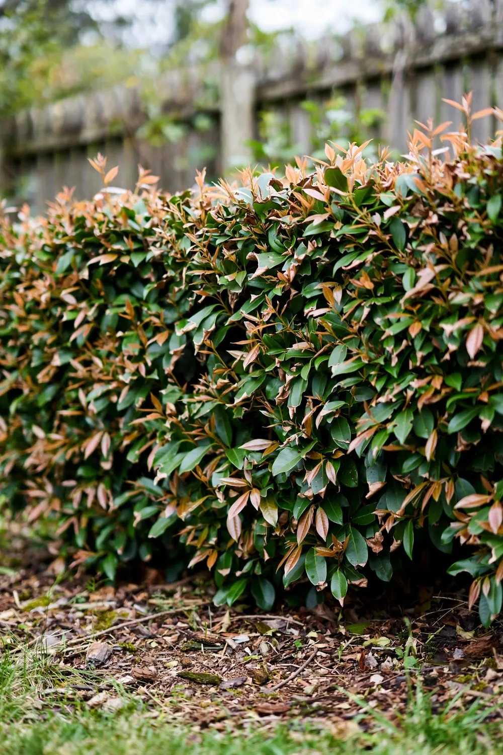 Brown-tipped lilly pilly hedge with green new growth in an Australian garden
