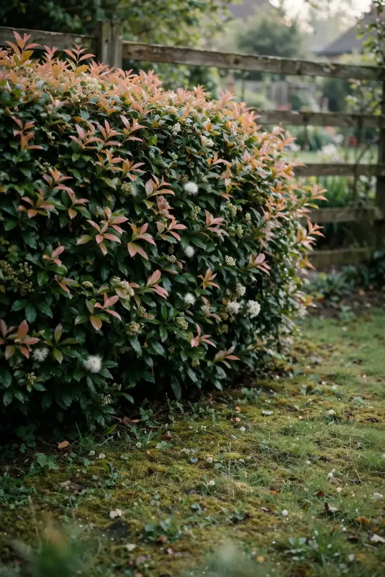 Dense lilly pilly hedge with glossy leaves and pink new growth