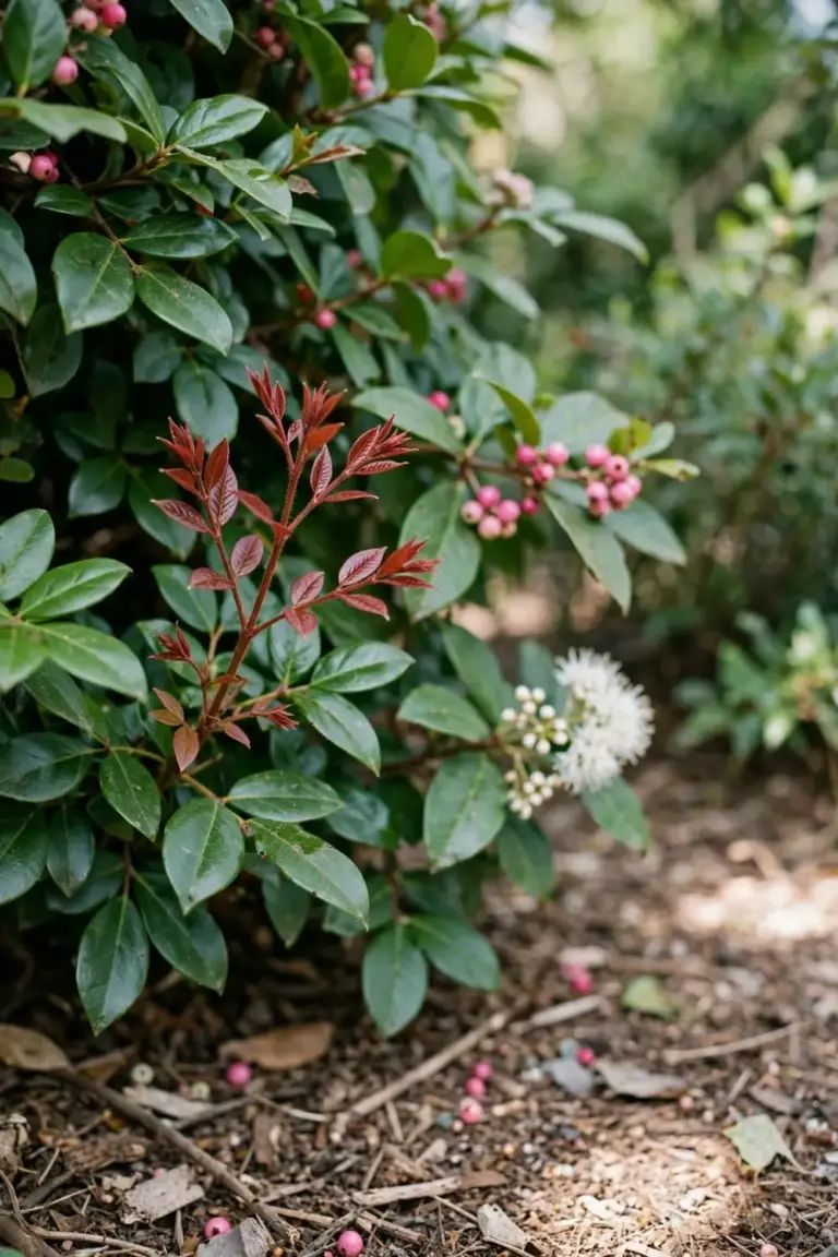 Lilly pilly hedge with glossy leaves, red new growth, and pink berries