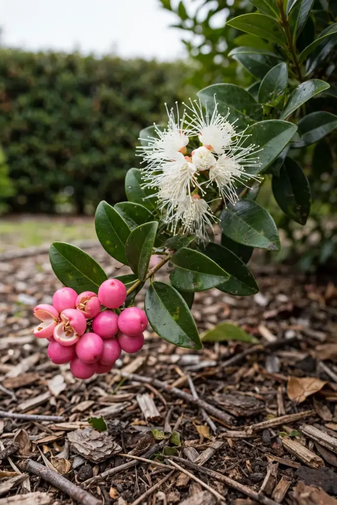 Lilly Pilly branch with glossy opposite leaves and pink berries
