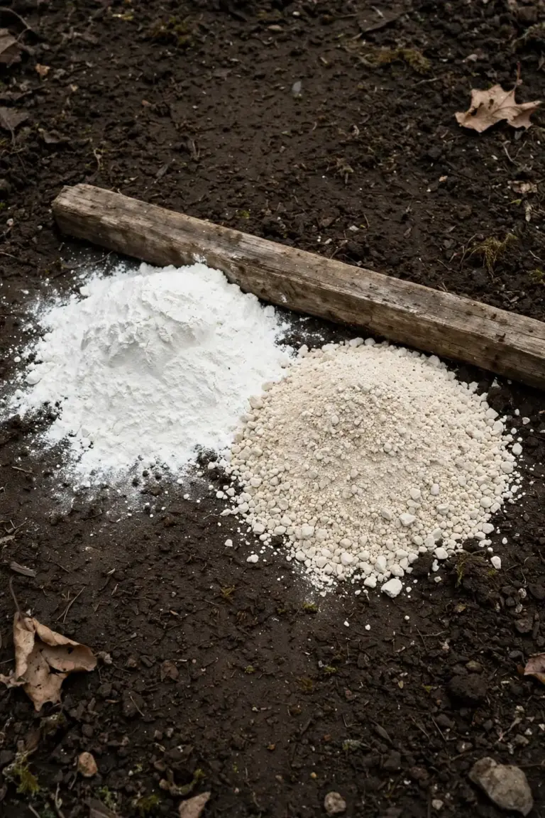 Two mounds of lime and dolomite side by side on dark soil for comparison