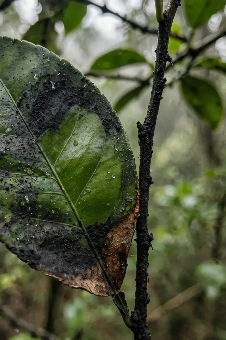 Lime leaf coated in black sooty mold film with one wiped patch of green