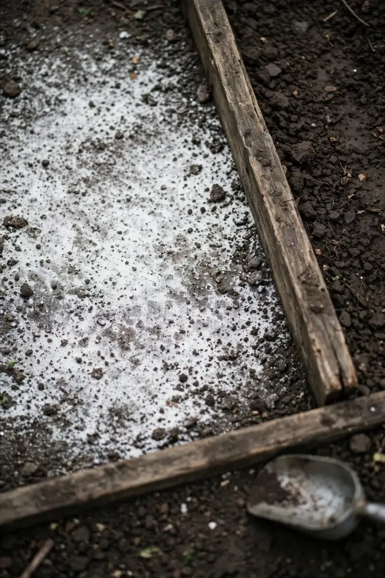Lime powder measured over one square metre of a garden bed marked by a timber board