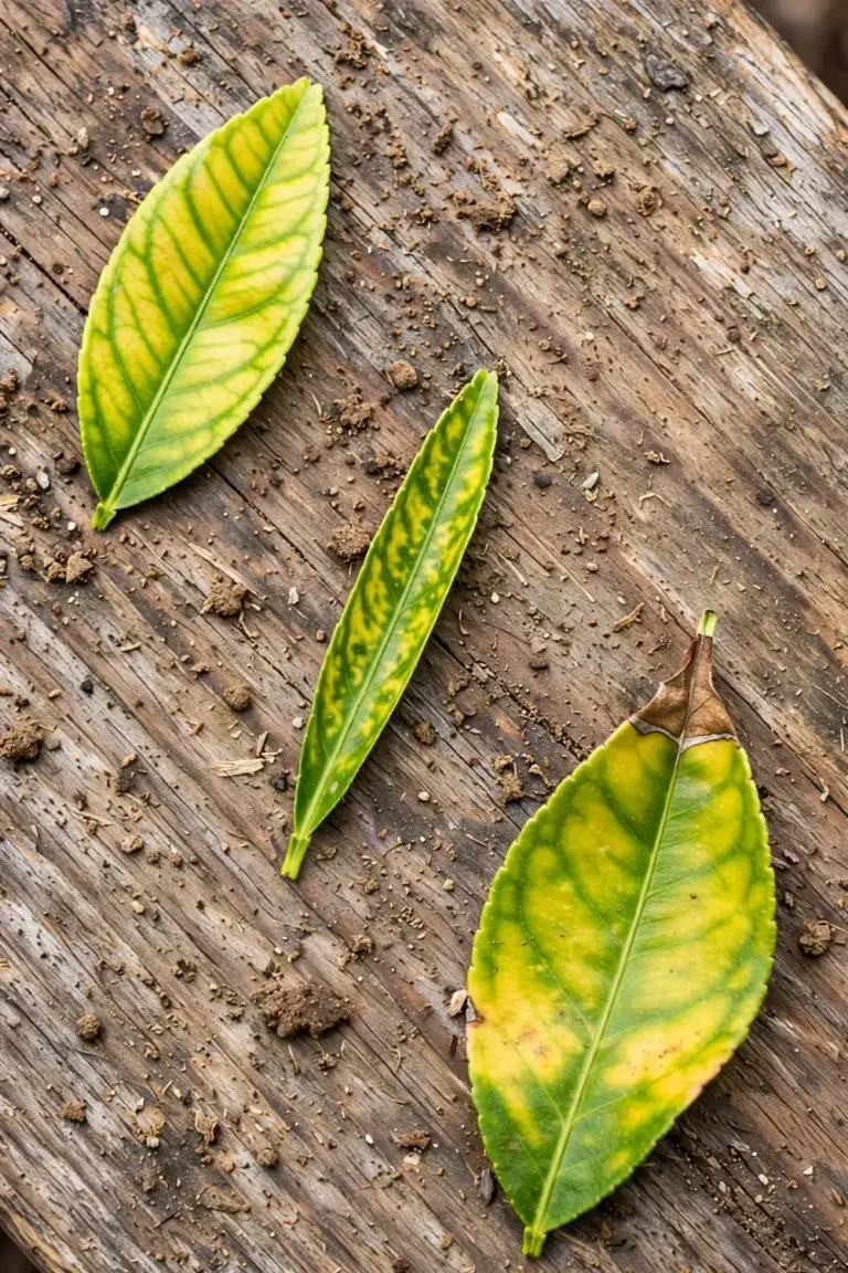 Three lime leaves showing iron, zinc, and magnesium deficiency patterns