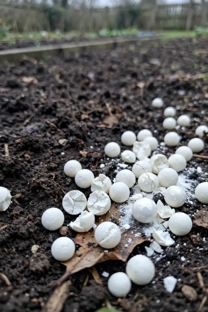 White pelletized lime granules scattered over dark bed soil, some cracked open
