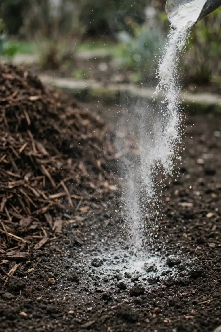 Lime powder falling over dark soil in a garden bed with a scoop at the frame edge