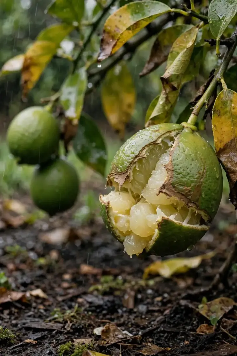 Split lime fruit on the tree with a cracked rind and swollen pulp