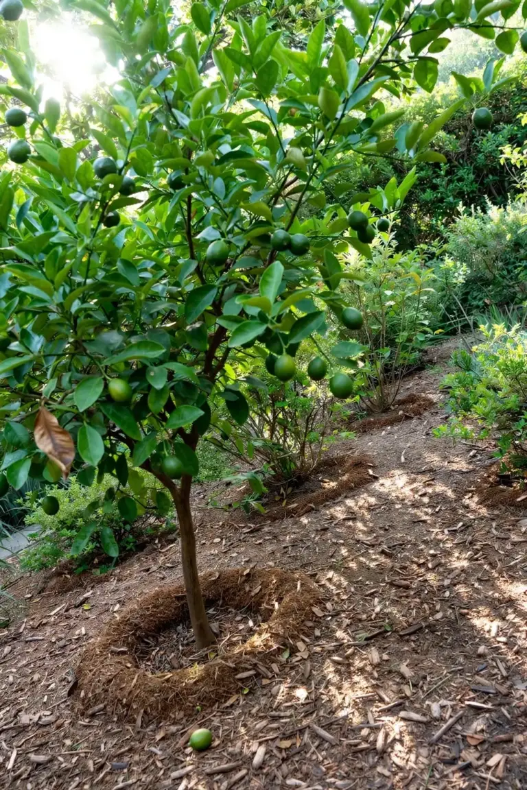 Whole lime tree in a mulched garden bed with healthy green canopy