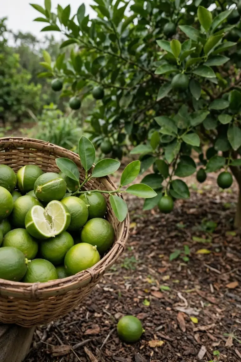 Basket of freshly picked green limes beside a healthy lime tree
