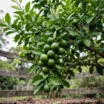 Healthy Tahitian lime tree loaded with small round green fruit in a home garden