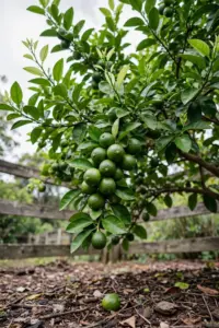 Healthy Tahitian lime tree loaded with small round green fruit in a home garden