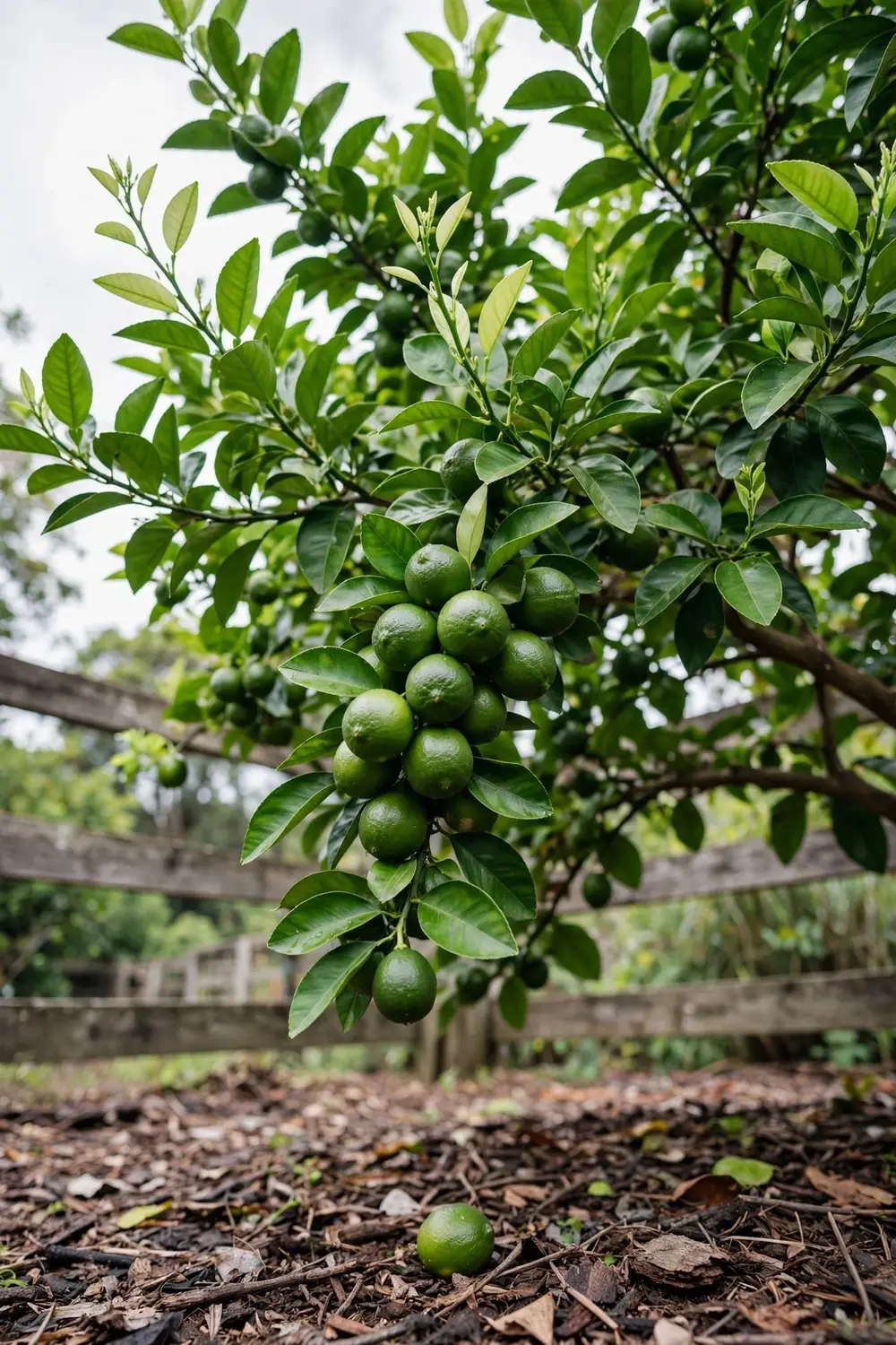 Healthy Tahitian lime tree loaded with small round green fruit in a home garden