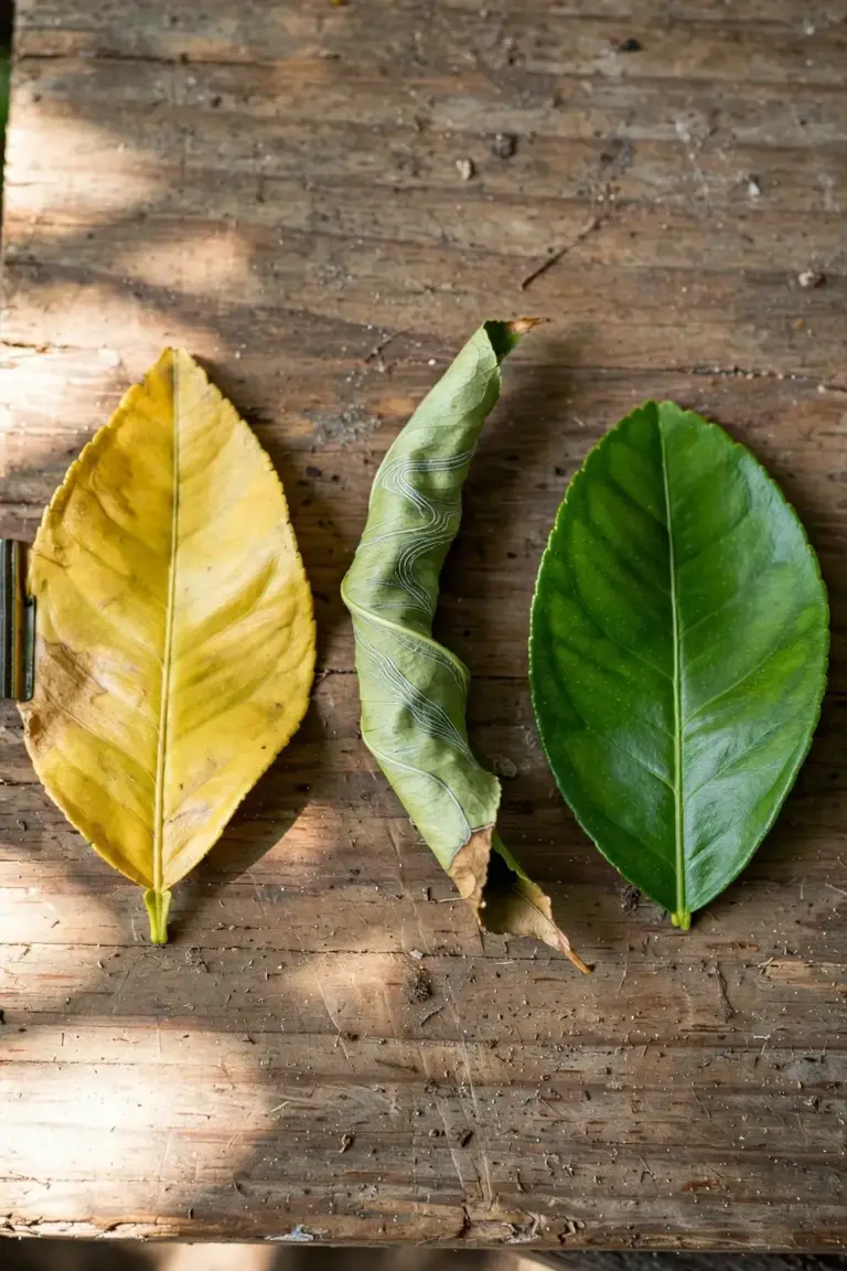 Lime leaves showing yellow, curled, and healthy green leaves side by side
