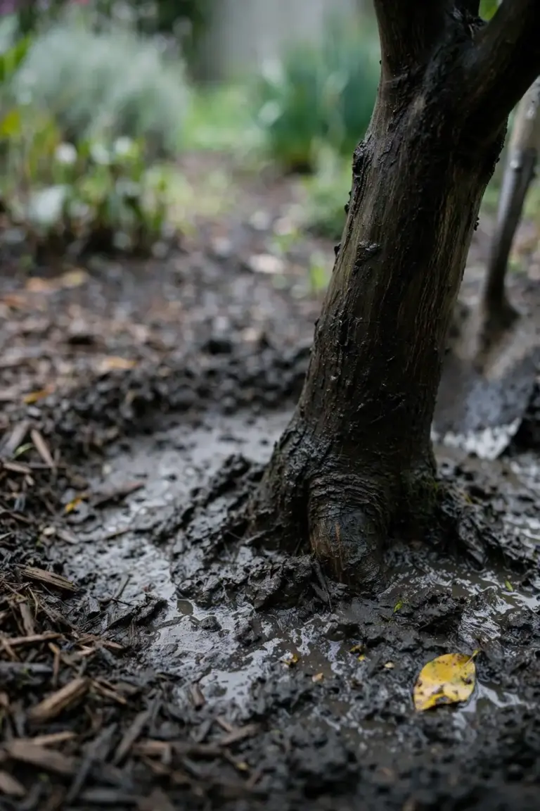 Base of a lime tree with dark wet soil and mulch pulled clear of the trunk