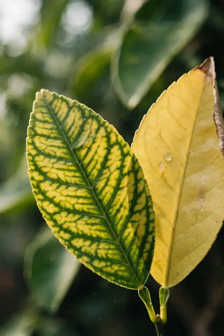 Lime leaves with yellow tissue between green veins beside a whole yellow leaf
