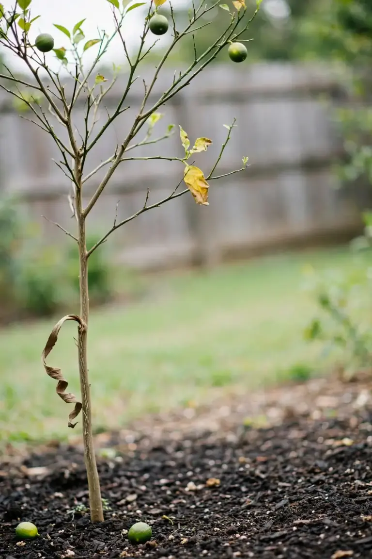 Young lime tree with sparse fruit and fallen fruit on the mulch below