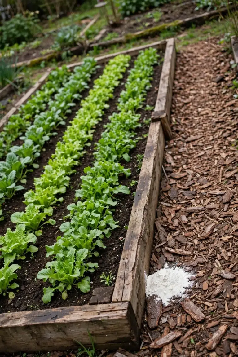 Healthy vegetable bed with green rows after liming, one small lime pile at the edge