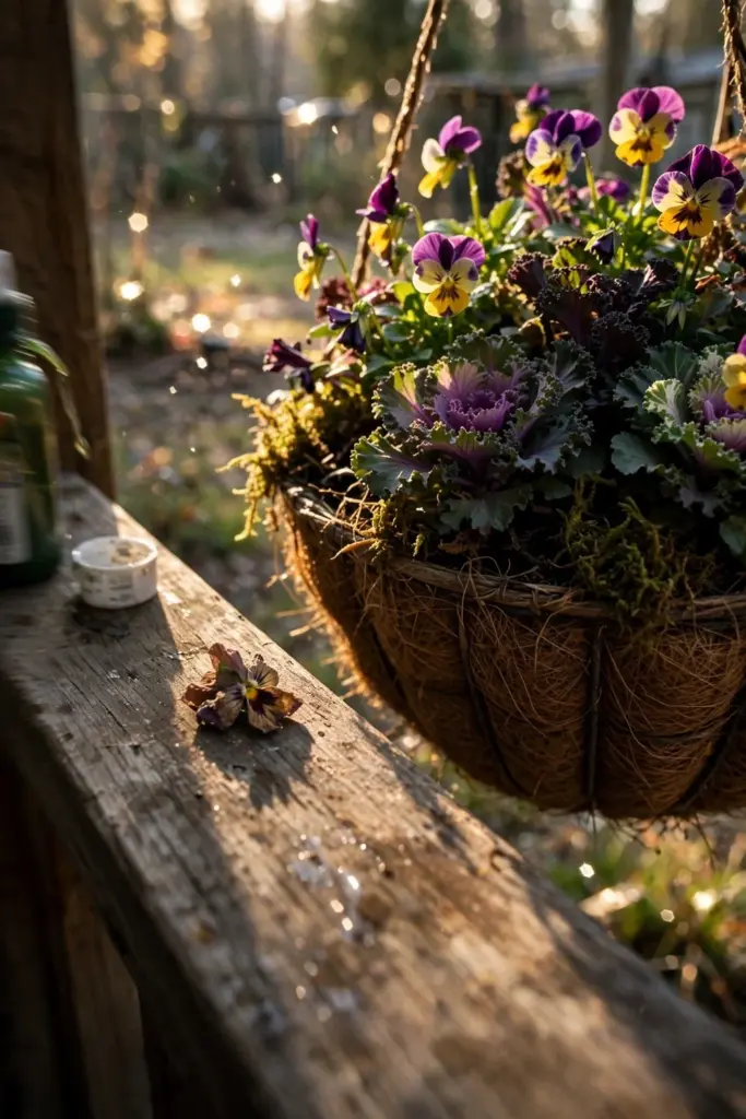 Half-strength liquid fertilizer bottle beside a fall hanging basket
