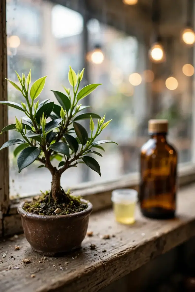 Liquid fertilizer bottle beside a bonsai pot on a windowsill