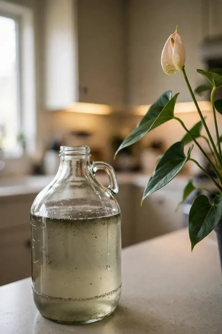 Glass jug of diluted liquid fertilizer beside a budding anthurium