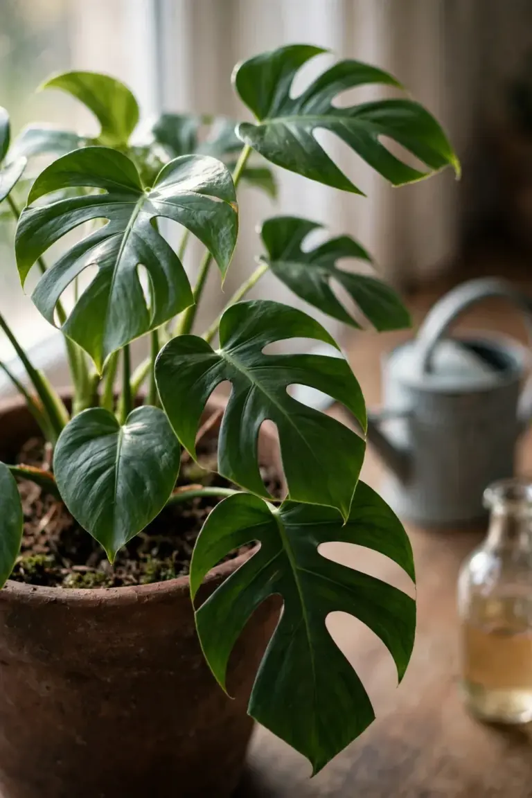 Glass jug of diluted fertilizer beside a potted monstera