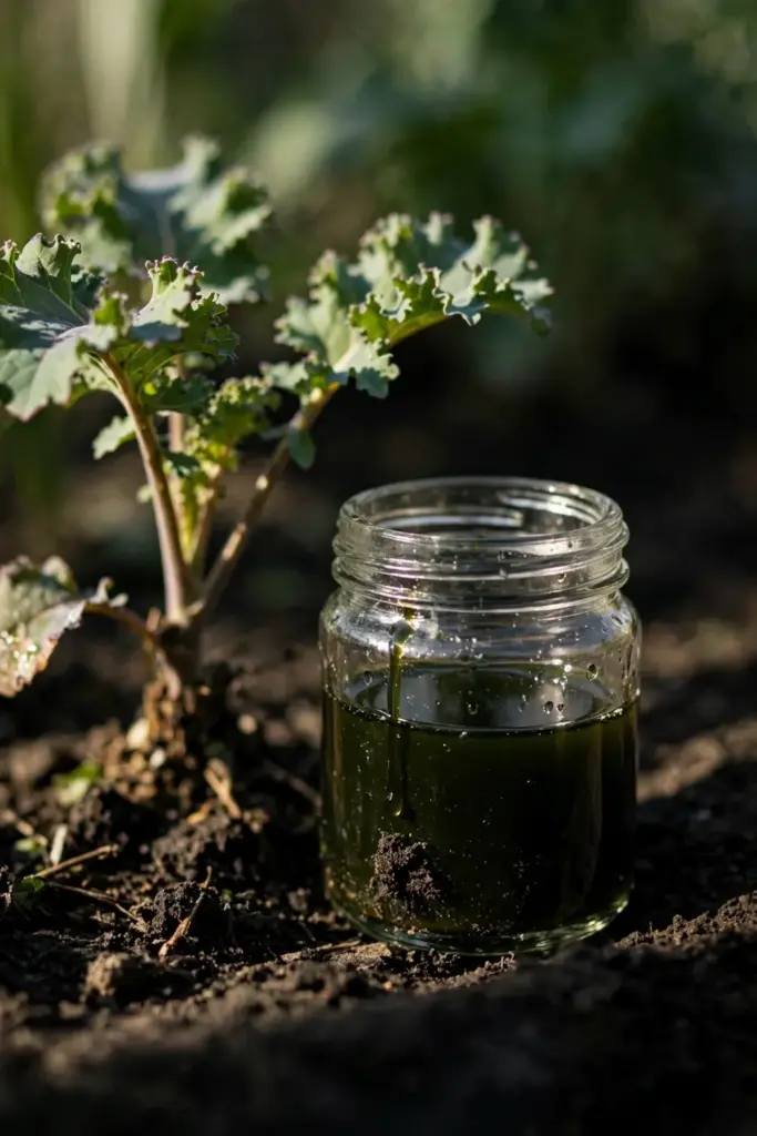 Small glass jar of dark green liquid kelp at a transplant base