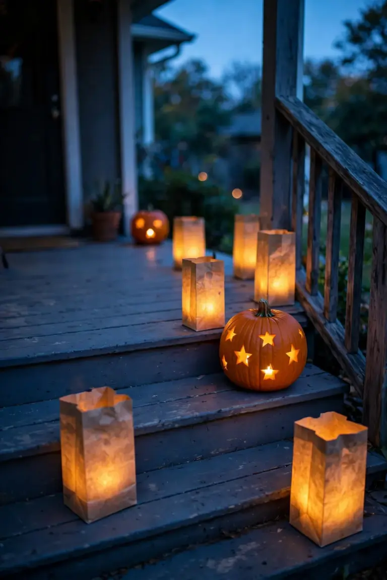 Porch steps at dusk with pumpkins, mums and battery lanterns arranged for visiting guests