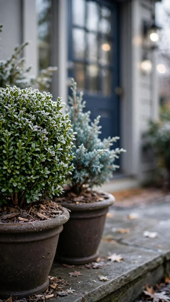 Living boxwood and juniper evergreens planted in urns by a door