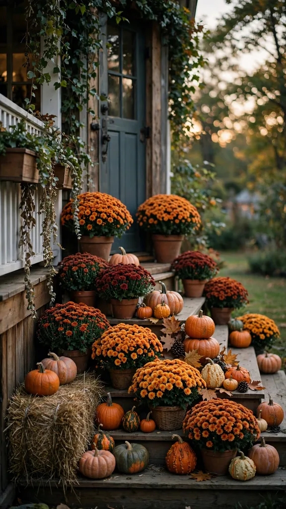 The full living porch with mums, pumpkins, and hay bale in late fall light