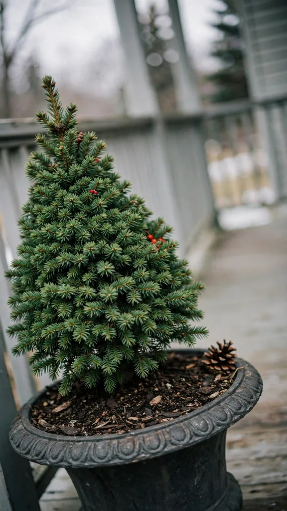 A dwarf spruce living in an urn with light Christmas decoration around it