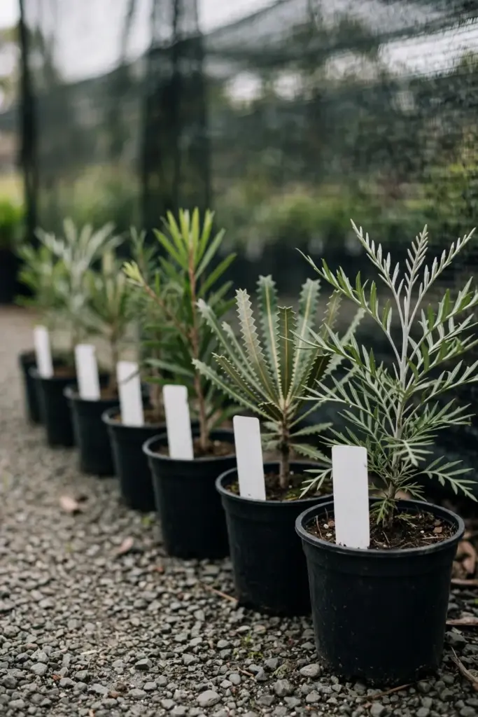 Potted native plants with origin labels in a nursery row