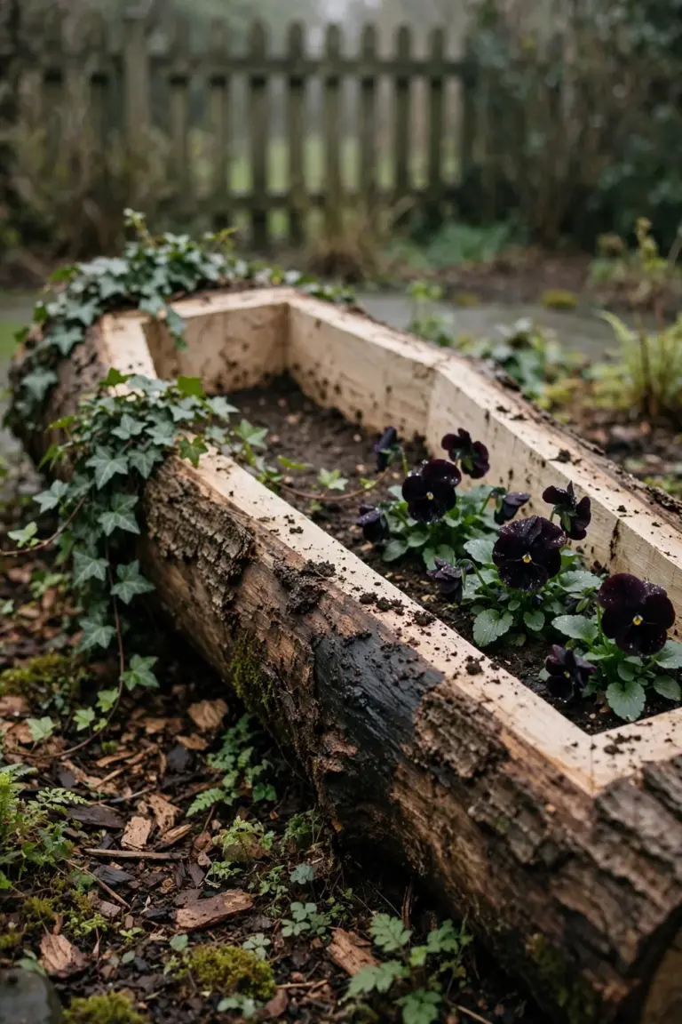 A hollowed fallen log planter with black pansies and trailing ivy in a garden bed