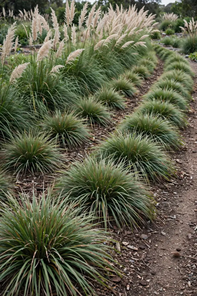 Mass planting drift of strappy lomandra tussocks curving through a garden bed