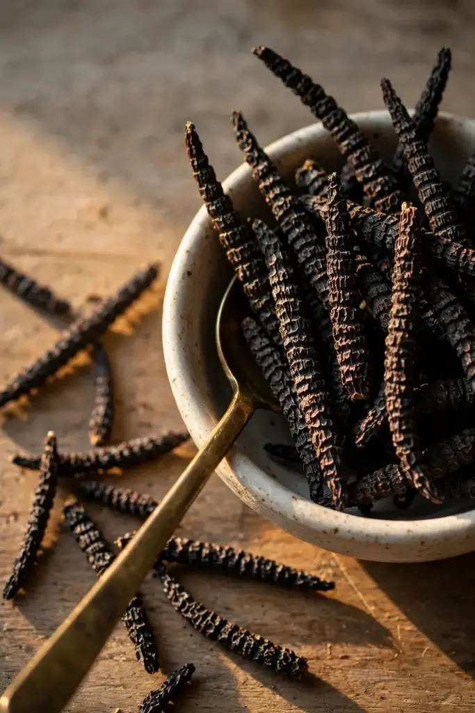 Dried long pepper spikes in a small ceramic bowl