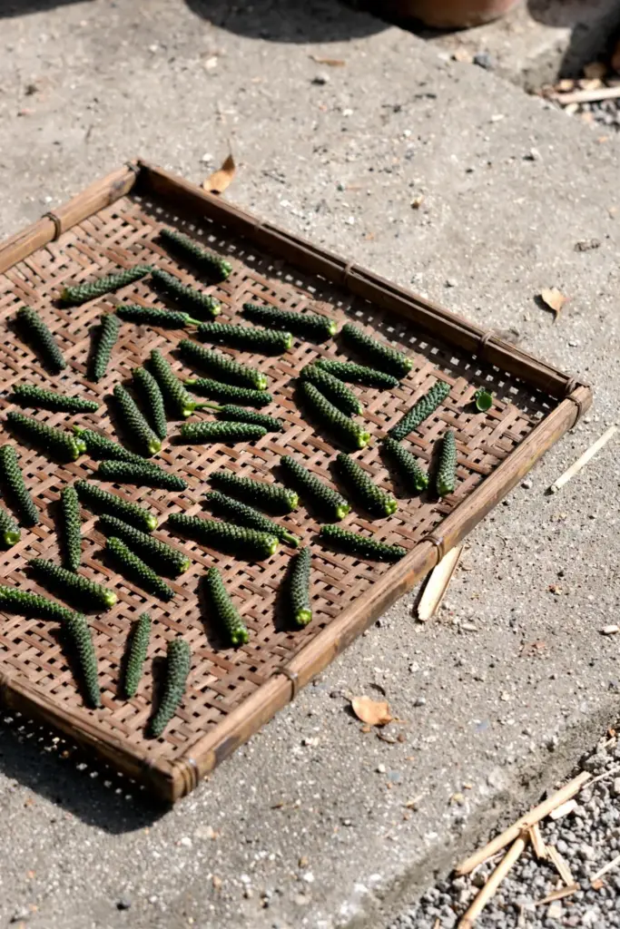 Long pepper spikes drying in a single layer on a tray