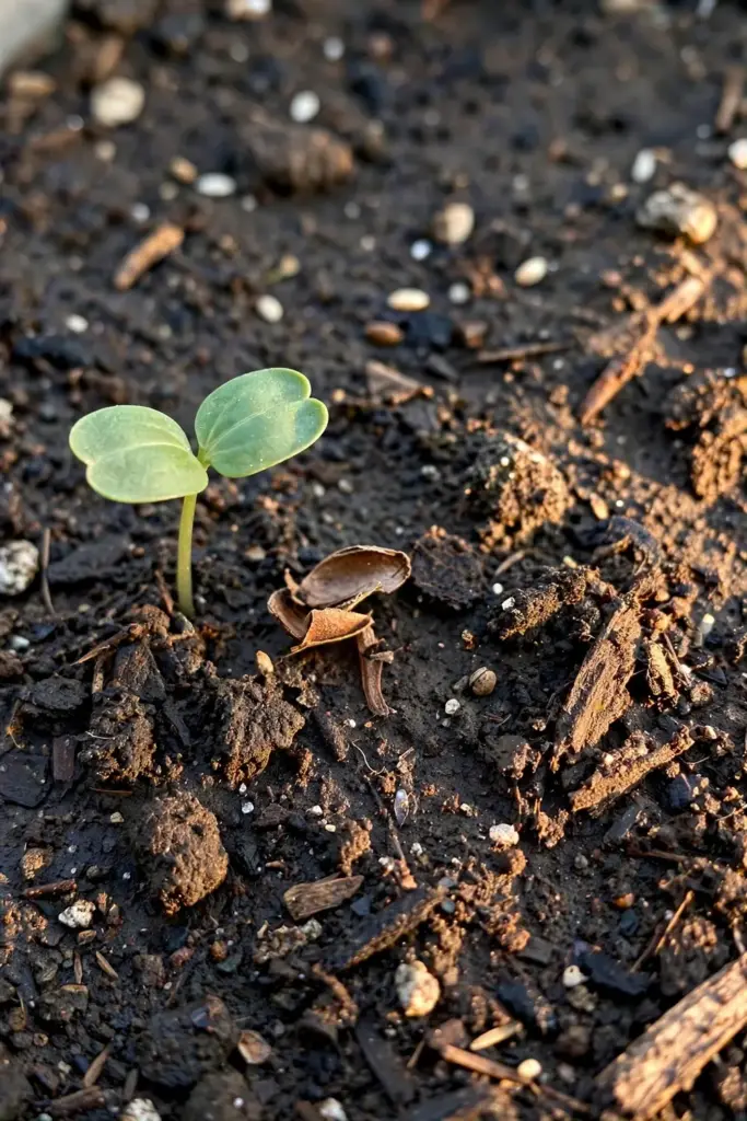 A tiny long pepper seedling emerging from seed-starting mix