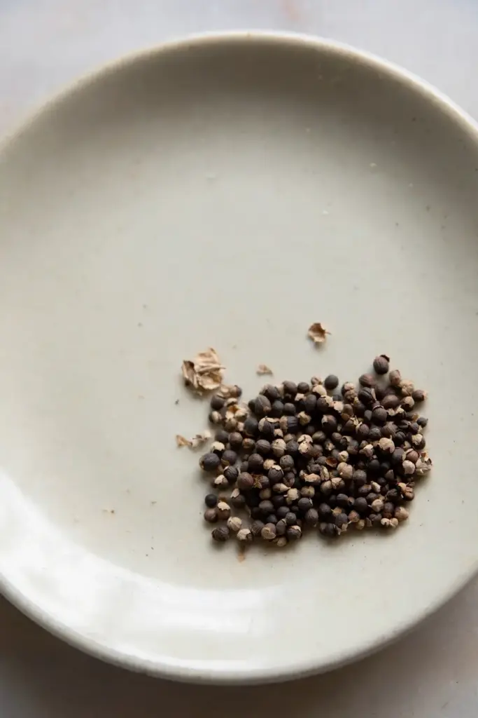 Close-up of small ridged long pepper seeds on a ceramic saucer