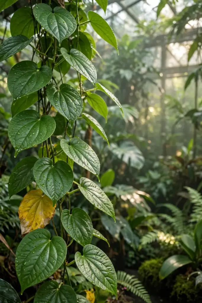 Long pepper vine thriving in a humid greenhouse among tropical plants