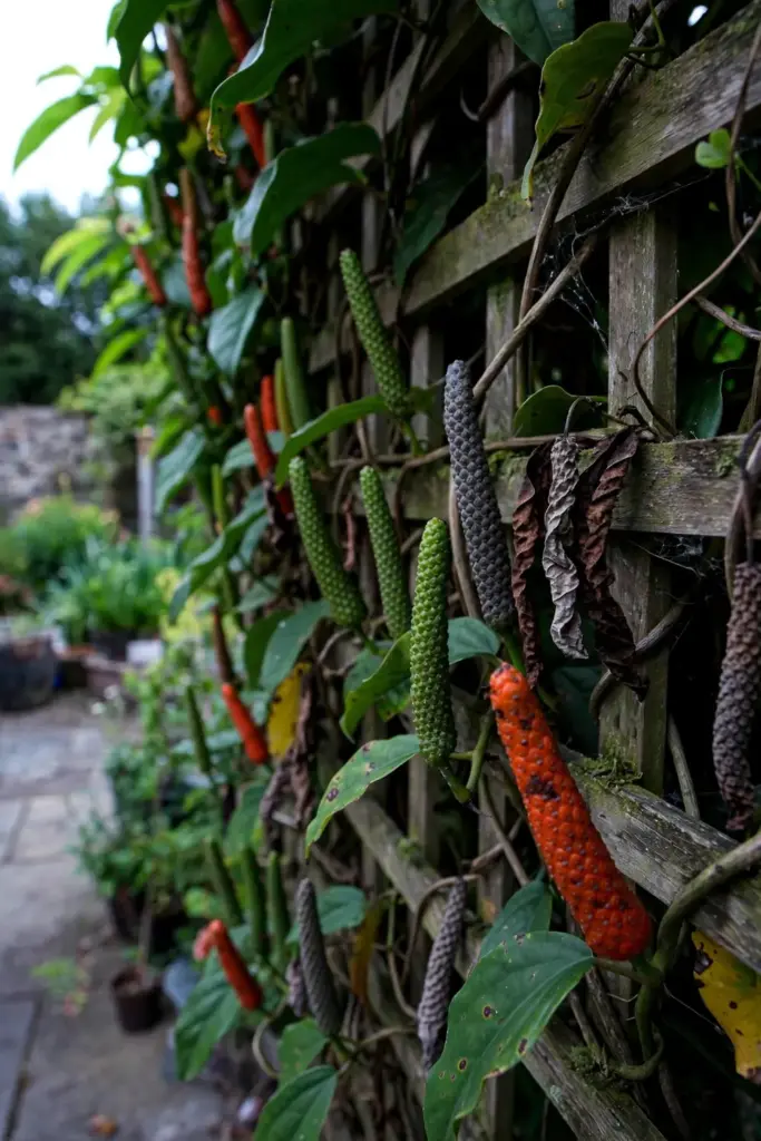 Mature fruiting long pepper vine on a patio trellis