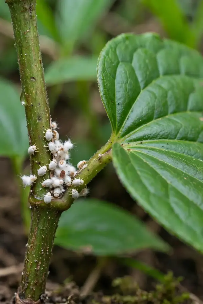 Close-up of mealybugs in a long pepper leaf joint