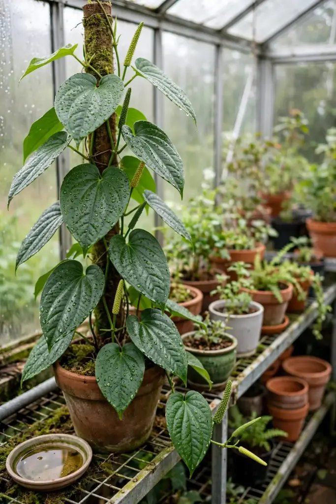 Potted long pepper vine climbing a moss pole in a greenhouse