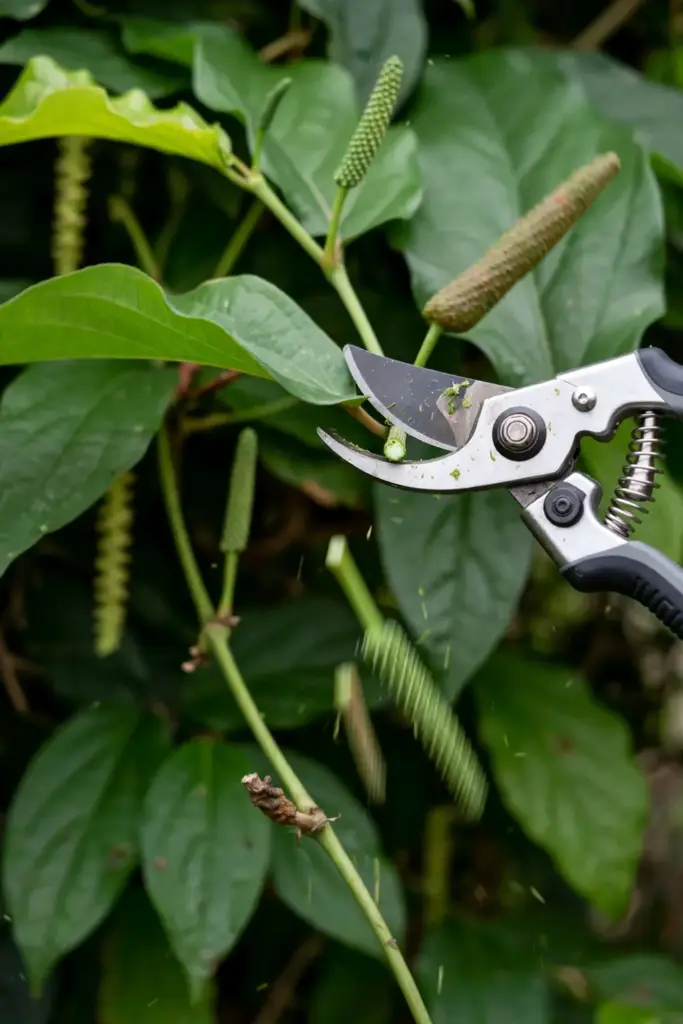 Pruning shears cutting a crossing stem on a long pepper vine
