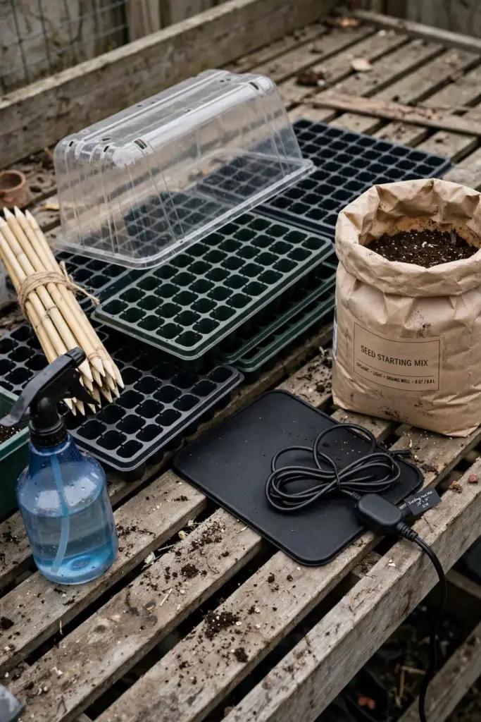 Seed-starting tools laid out on a potting bench