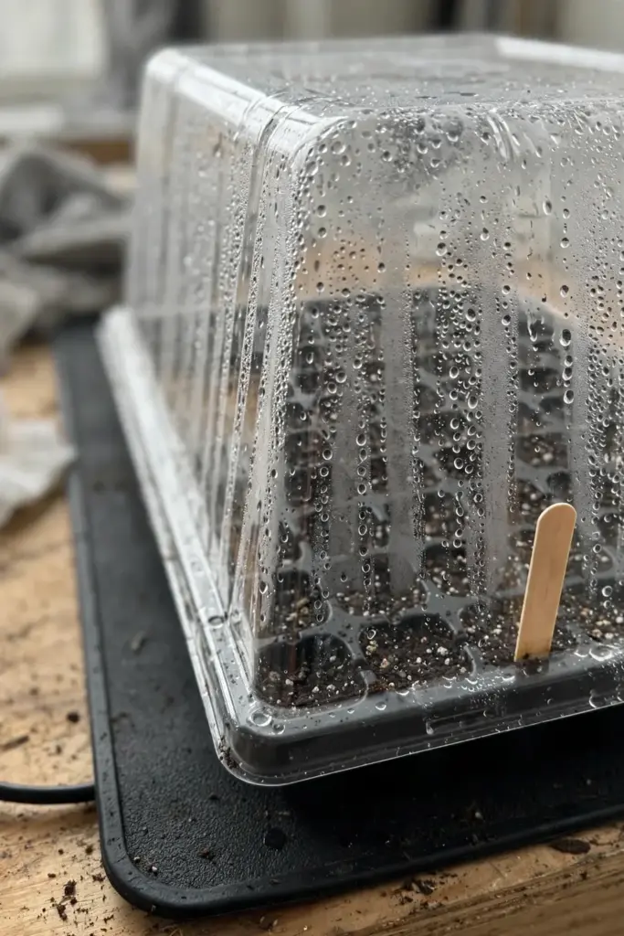 Seed tray under a humidity dome on a heat mat