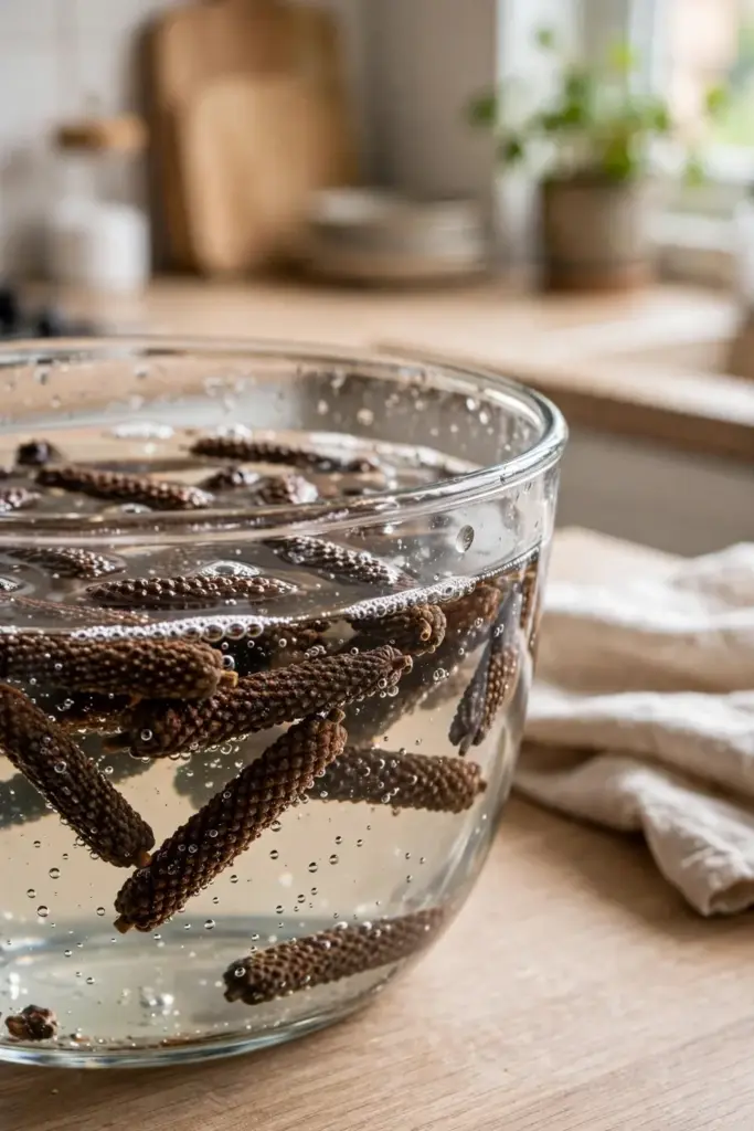 Long pepper seeds soaking in a glass bowl of water