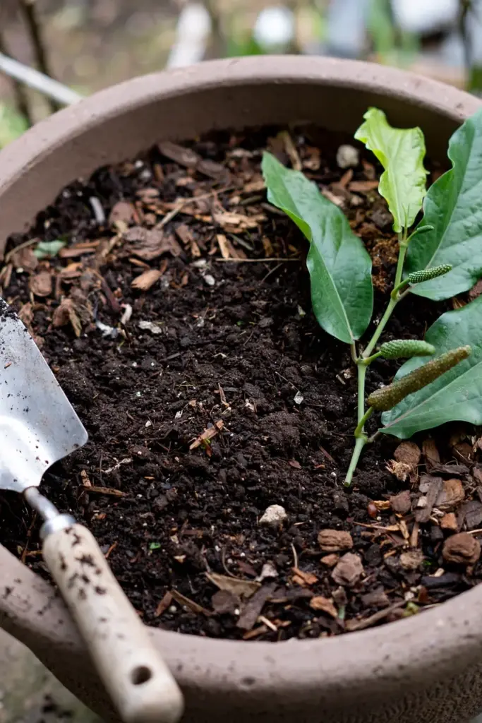 Long pepper transplant going into compost-rich container soil