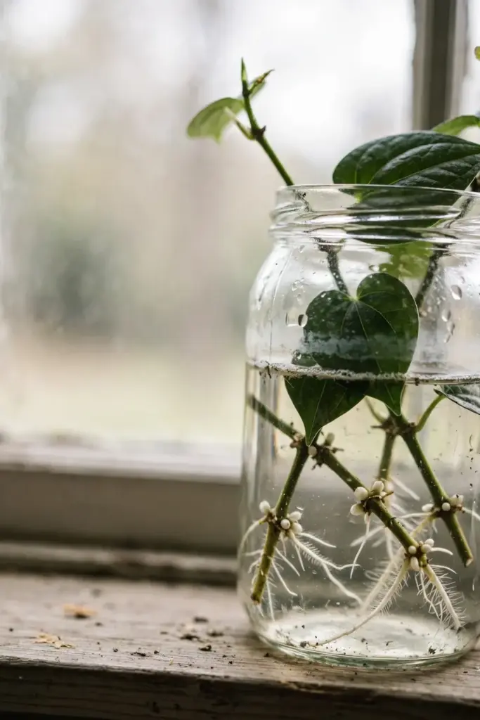 Long pepper vine cuttings rooting in a jar of water